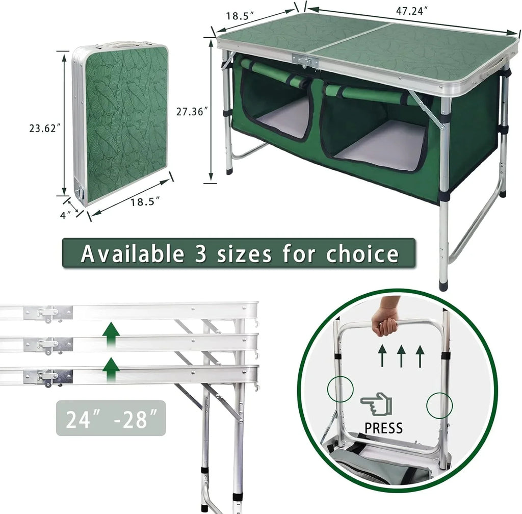 Table pliante d'extérieur en aluminium, légère, réglable en hauteur, avec rangement, pour barbecue, fête, camping