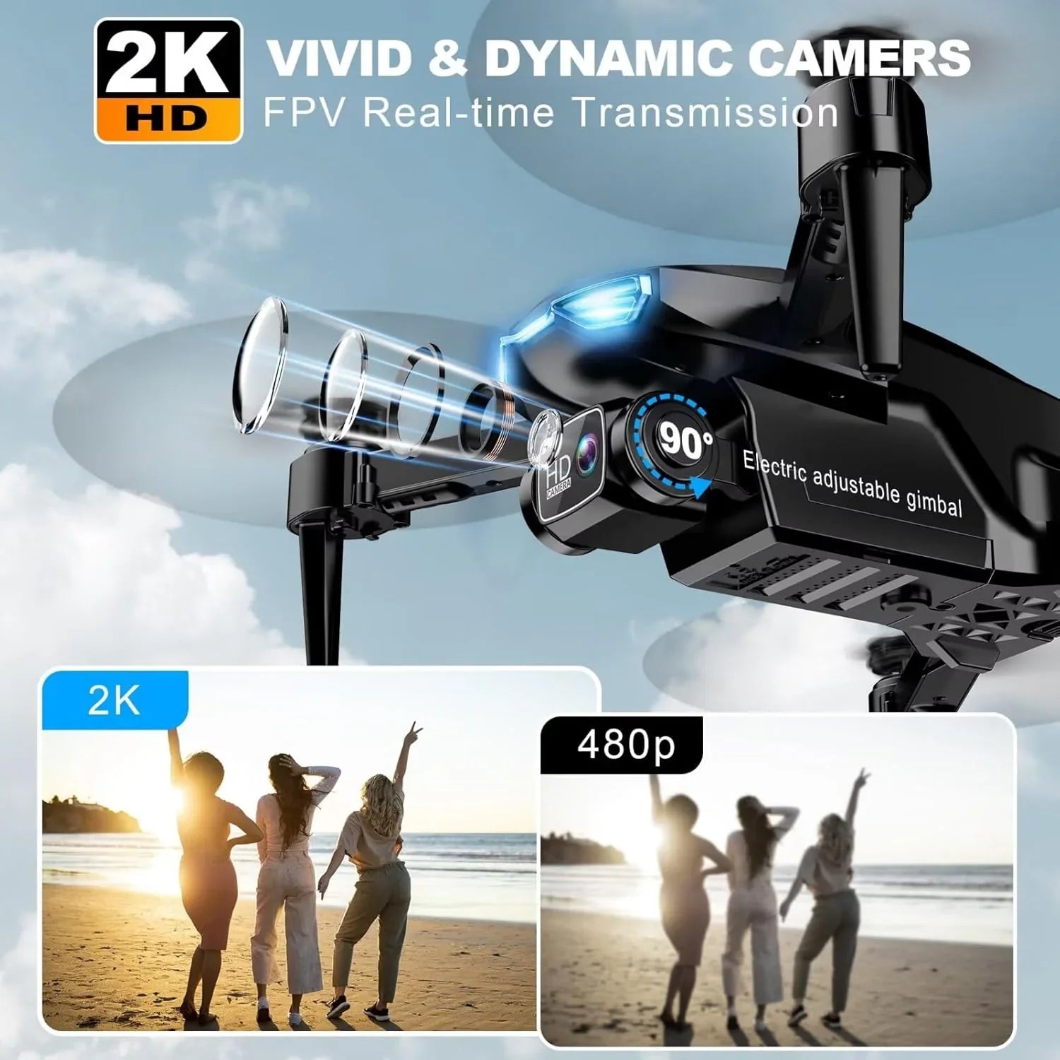 Drone FPV HD 2K pour adultes avec caméra - Maintien d'altitude pliable et portable
