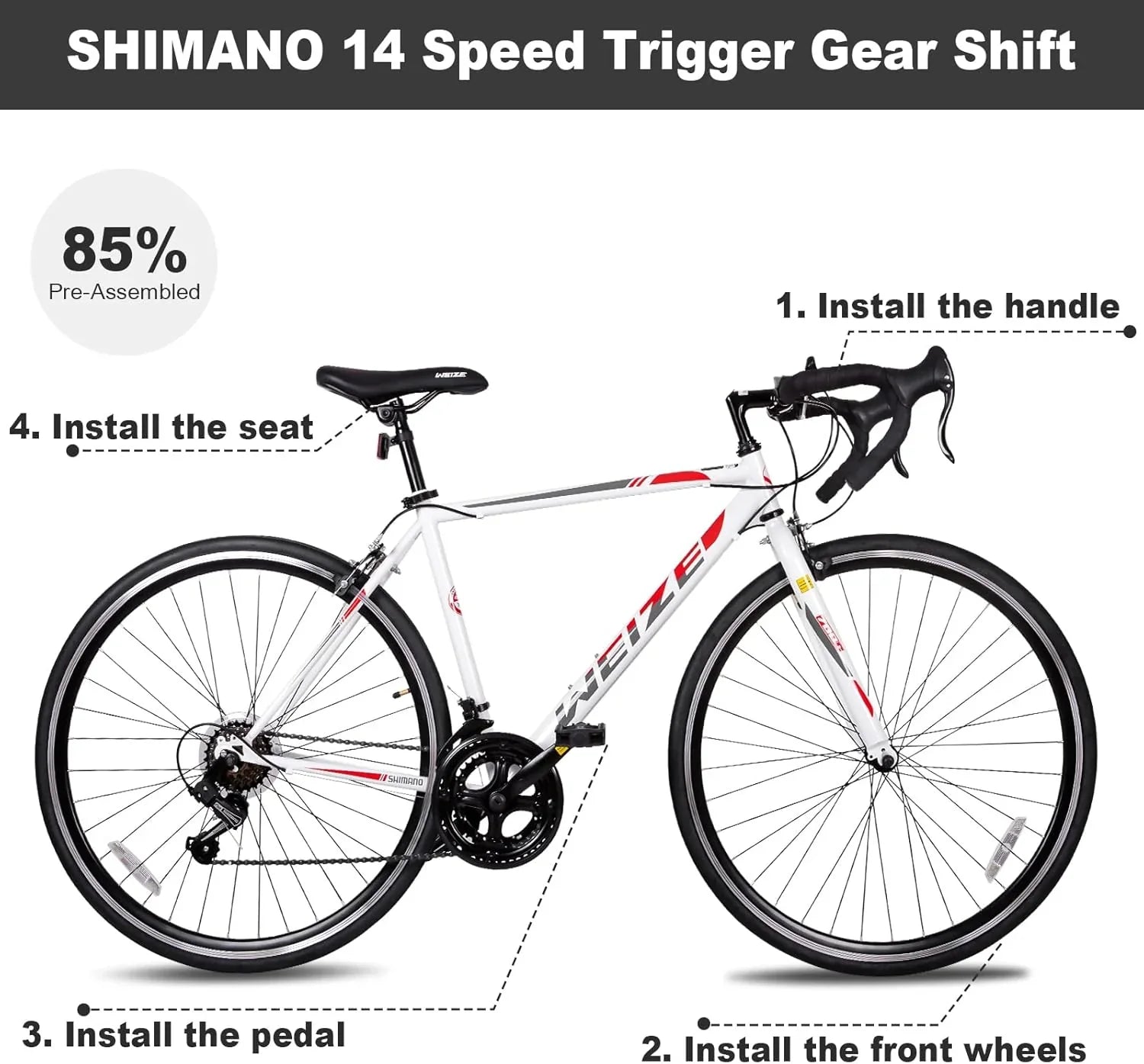 Vélo de route WEIZE, vélo de ville avec roues 700C, guidon Shimano 14 vitesses, vélo de course adulte avec freins à étrier, vélo hybride en acier à haute teneur en carbone