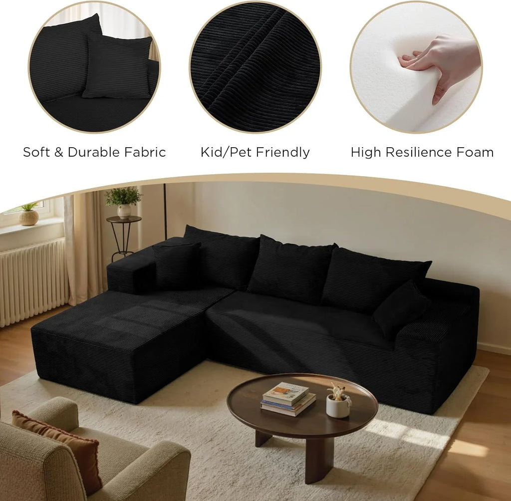 Cloud sofa with L-shaped lounge chair, modern modular sofa with deep seats