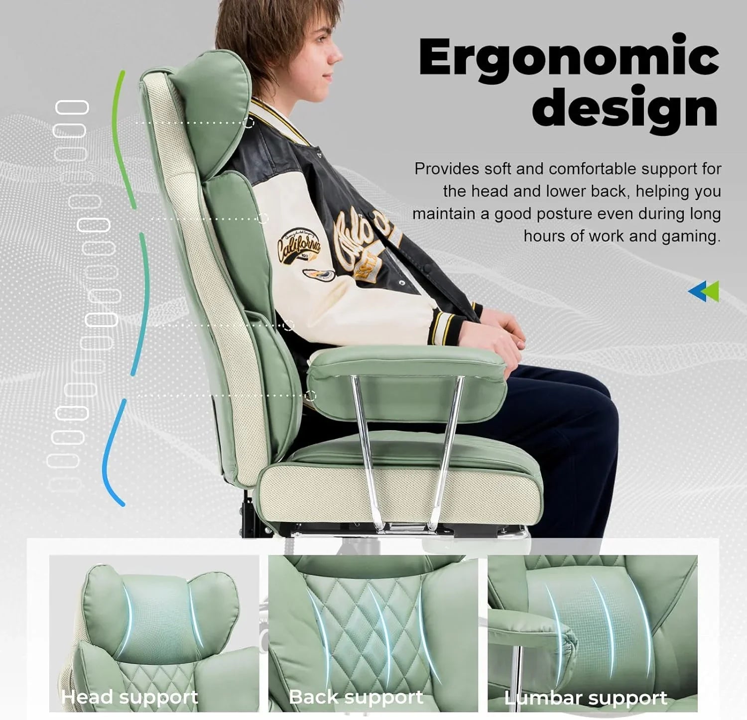 Grande chaise de bureau à dossier haut, chaise de jeu en cuir à dossier haut avec repose-pieds