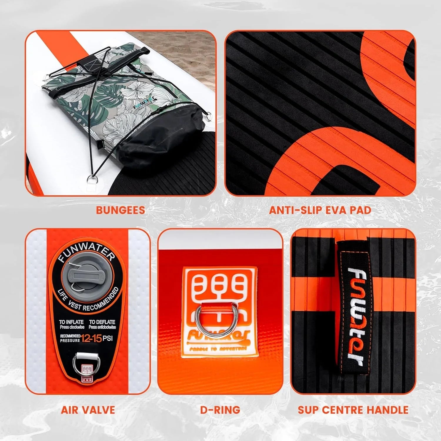 Planche de stand up paddle gonflable FunWater avec accessoires de pagaie SUP haut de gamme, pont EVA antidérapant, pagaie 11'/10'6'