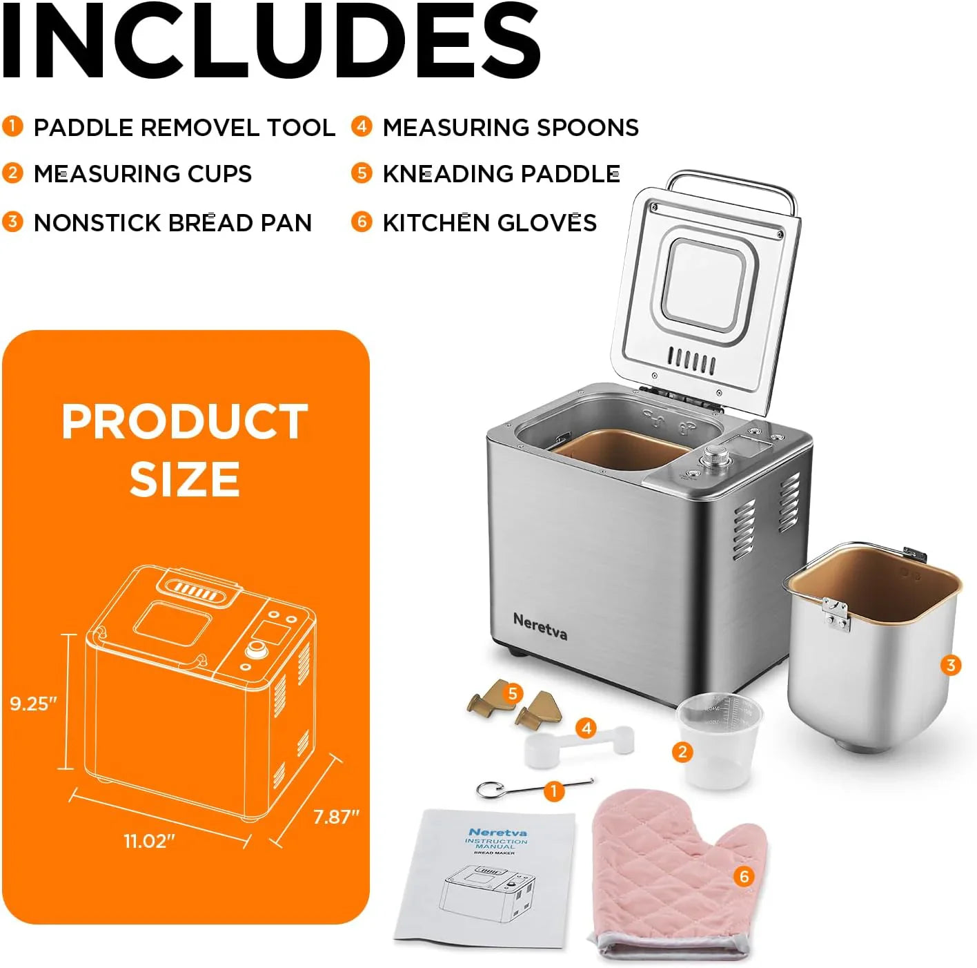 Machine à pain Neretva, 20 en 1, 2 lb, double élément chauffant, automatique, avec poêle en céramique antiadhésive