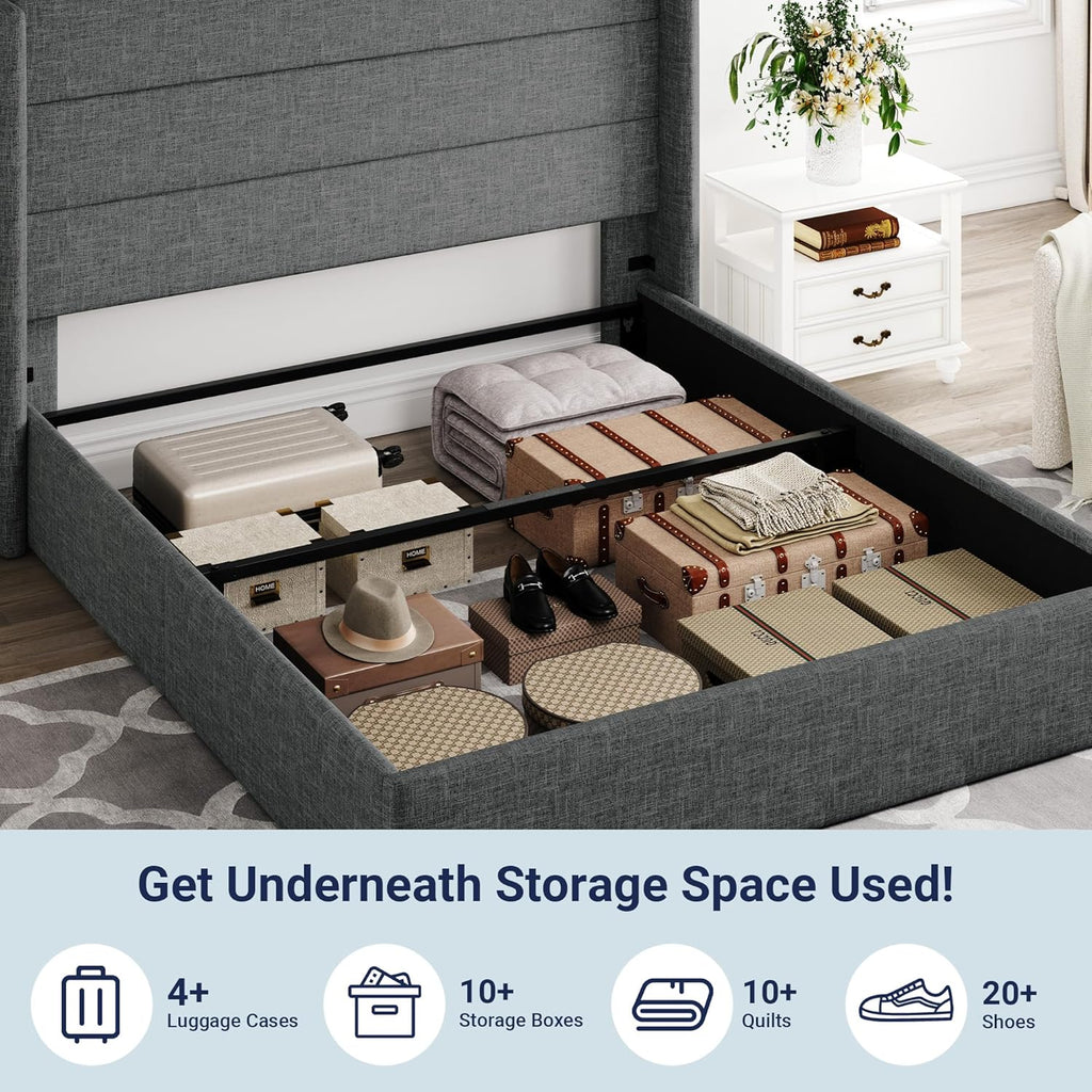 Lit queen-size relevable avec rangement Allewie, tête de lit à oreilles moderne et support hydraulique