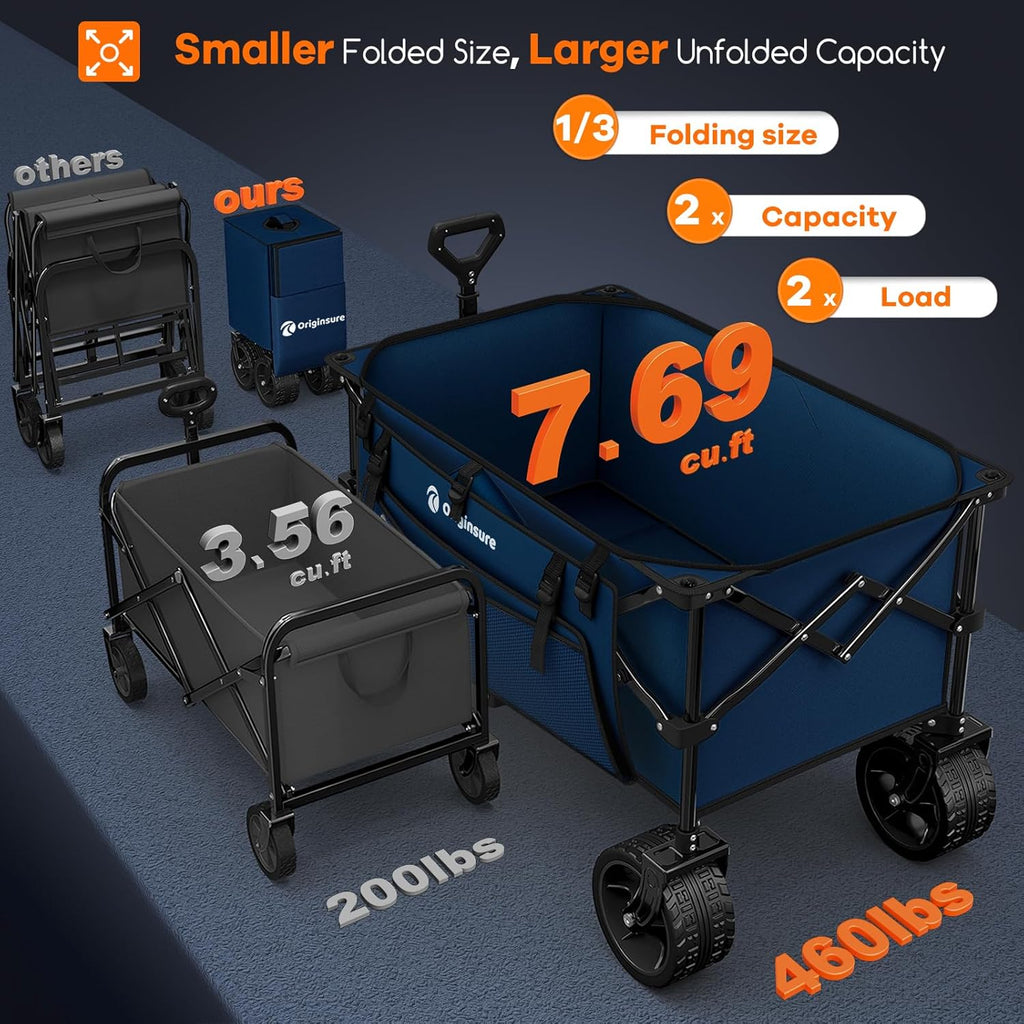 Poussette pliable à quatre roues de 96 cm de long, pliable, capacité de 200 kg, poussette de plage pliable robuste de 220 litres avec de grands pneus tout-terrain