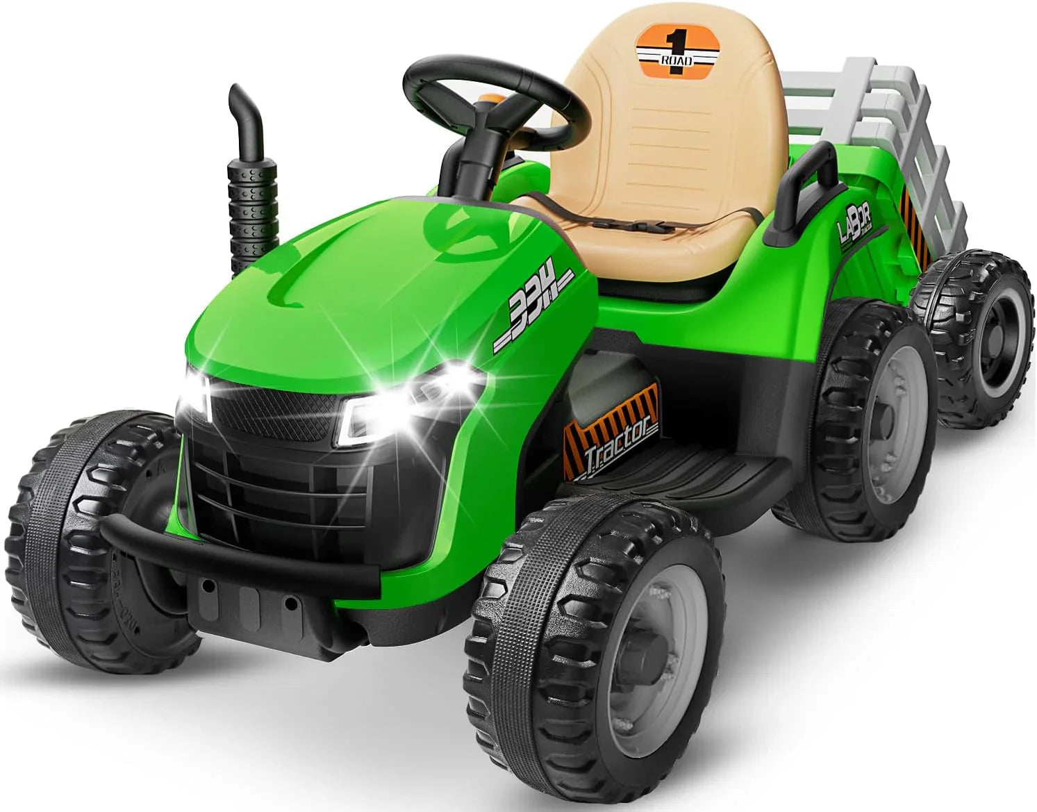 Tracteur autoporté 24 V avec remorque inclinable et amovible, 2 moteurs de 65 W, pneus EVA, télécommande, Bluetooth, levier de vitesse, musique, voiture électrique pour enfants, vert