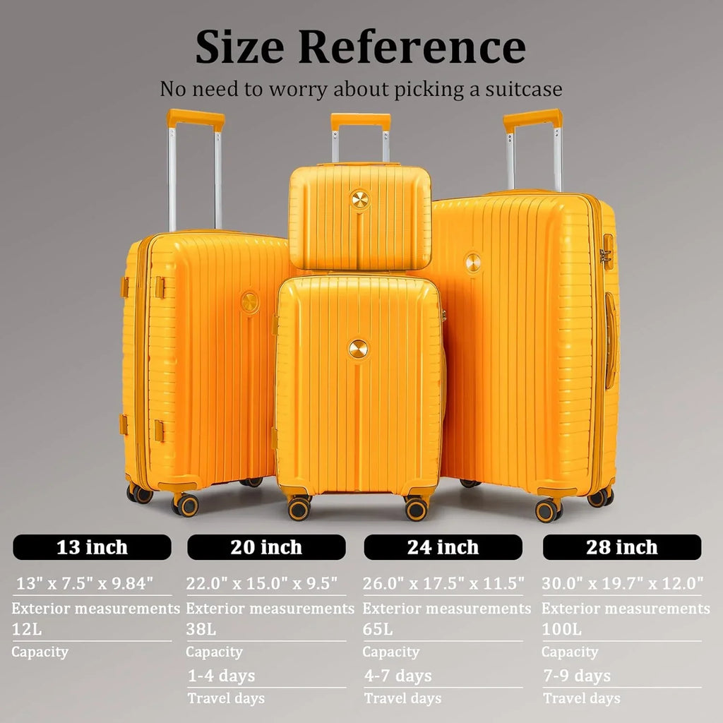 Ensemble de 5 valises de voyage légères à coque rigide en PP avec deux roulettes pivotantes et serrure TSA