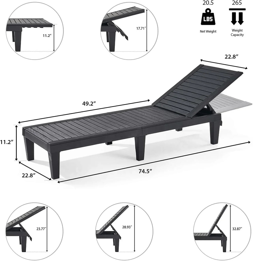 Chaises de patio - Ensemble de 2 chaises longues noires pour l'extérieur, chaise longue de jardin légère