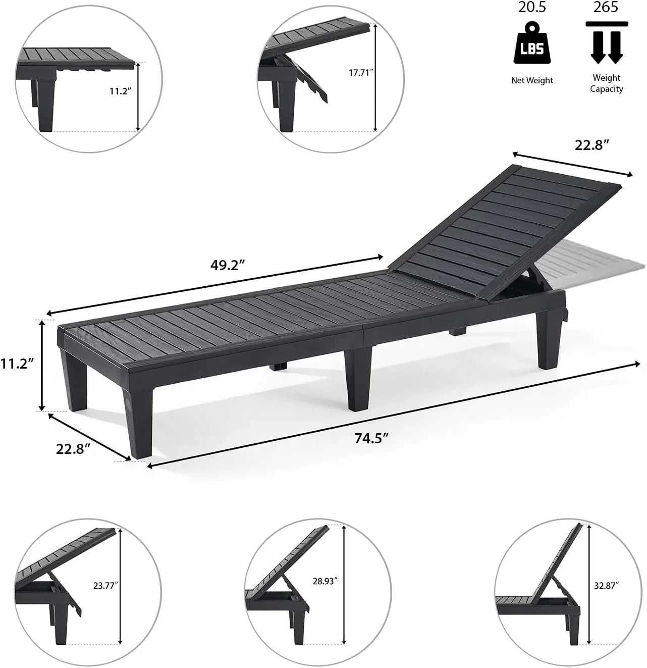 Chaises de patio - Ensemble de 2 chaises longues noires pour l'extérieur, chaise longue de jardin légère