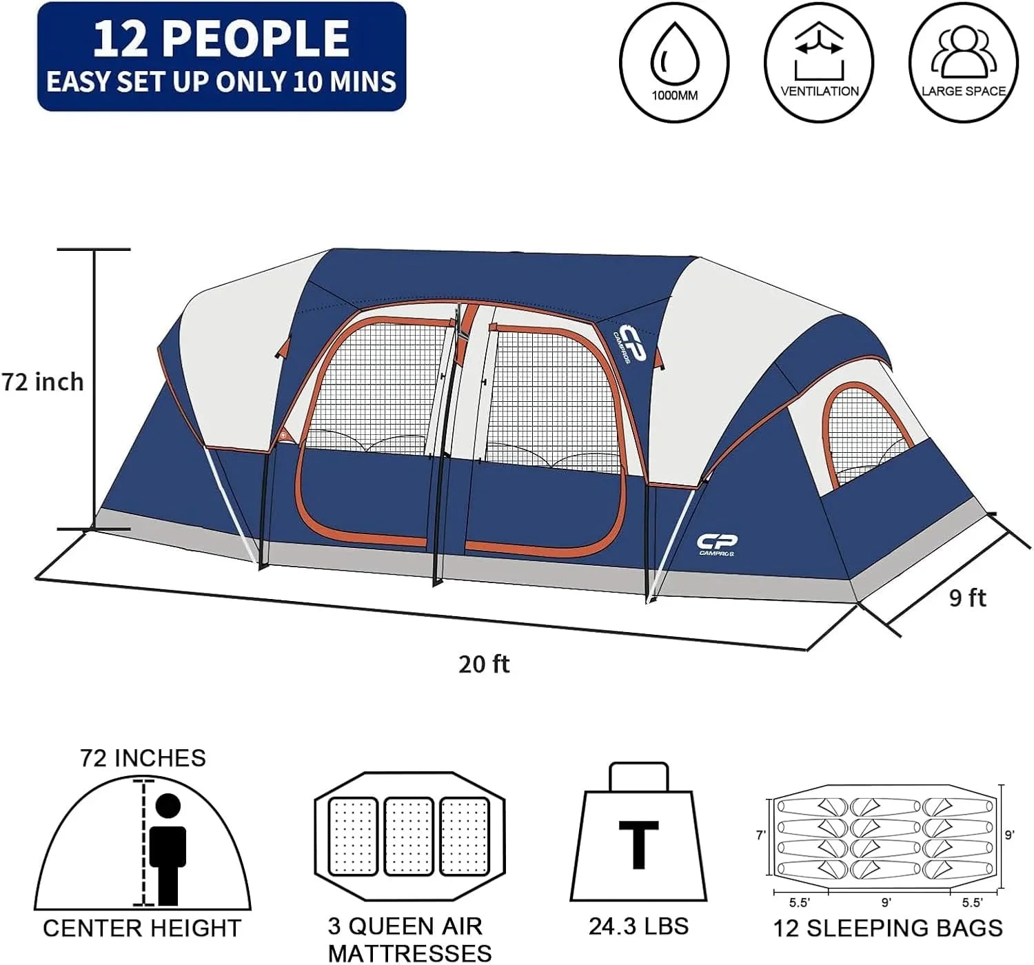 Tente de camping CAMPROS CP pour 12 personnes, tente familiale 3 pièces, imperméable et coupe-vent avec double toit