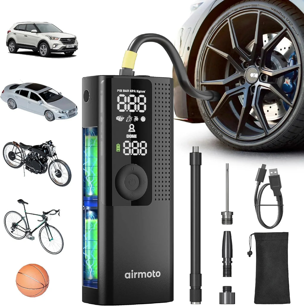 Compresseur d'air portable Airmoto pour pneus de voiture, avec manomètre numérique, éclairage LED et arrêt automatique.