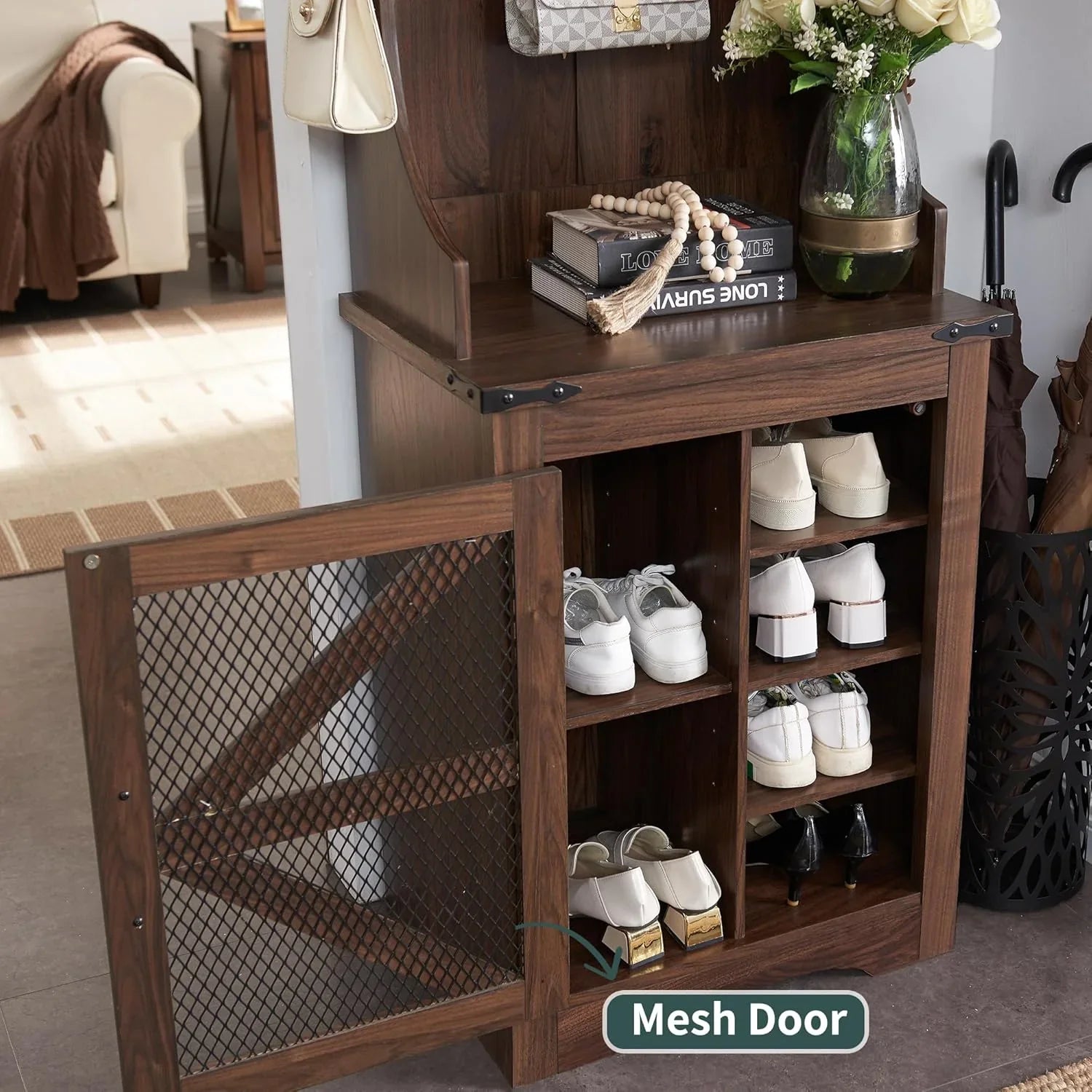 JXQTLINGMU Arbre de foyer de ferme de 59 pouces avec rangement pour chaussures, banc d'entrée, porte-manteau, armoire