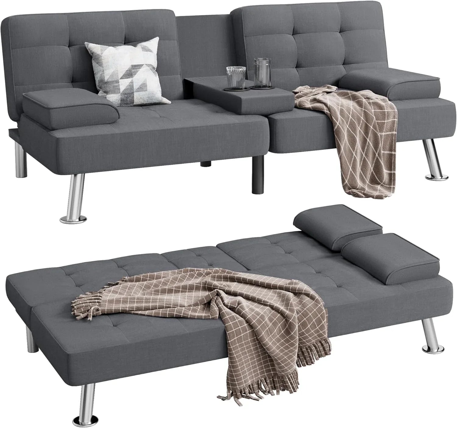 Canapé-lit futon convertible et pliable en lin moderne Shahoo avec accoudoirs amovibles, pieds en métal et 2 porte-gobelets pour le salon