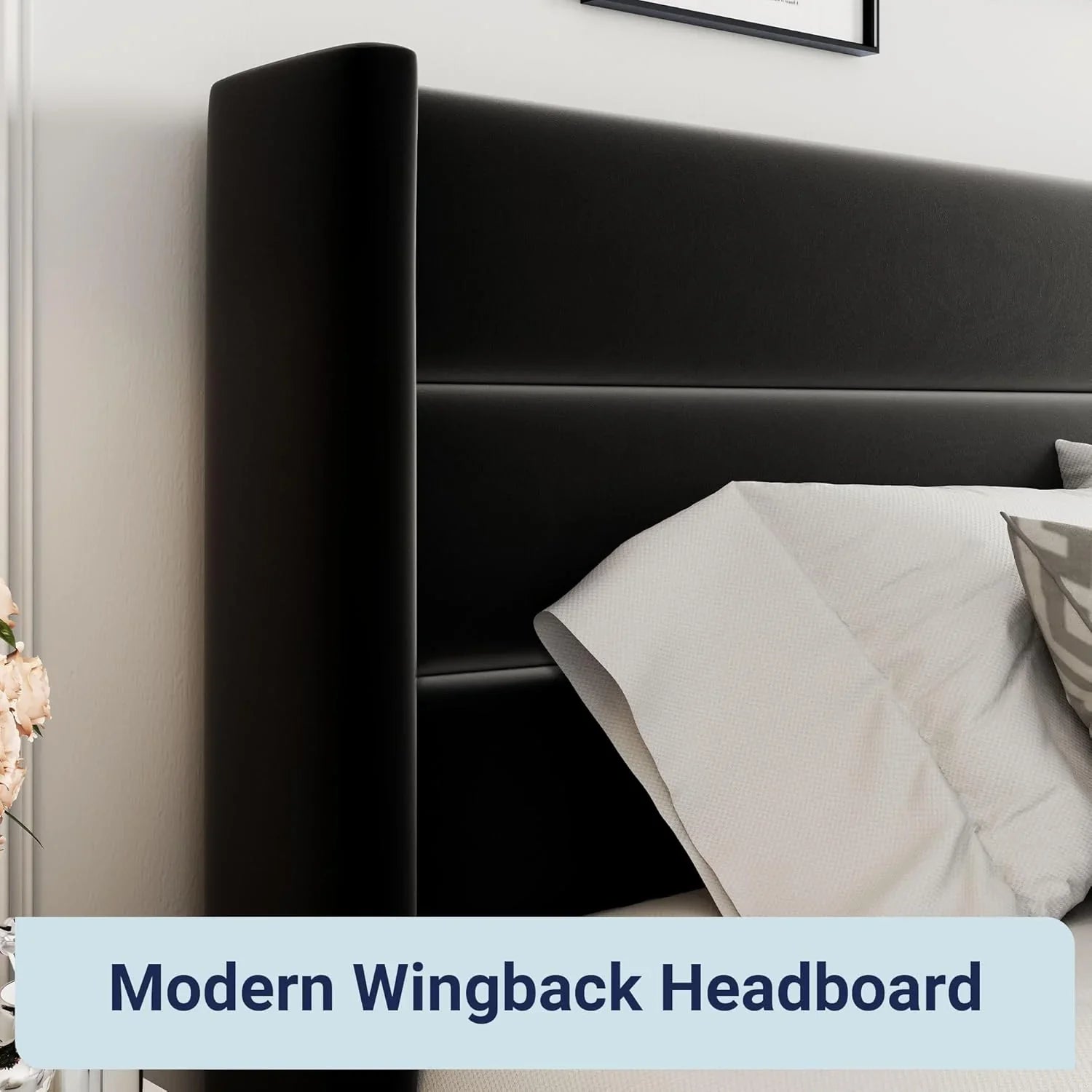 Lit queen-size relevable avec rangement Allewie, tête de lit à oreilles moderne et support hydraulique