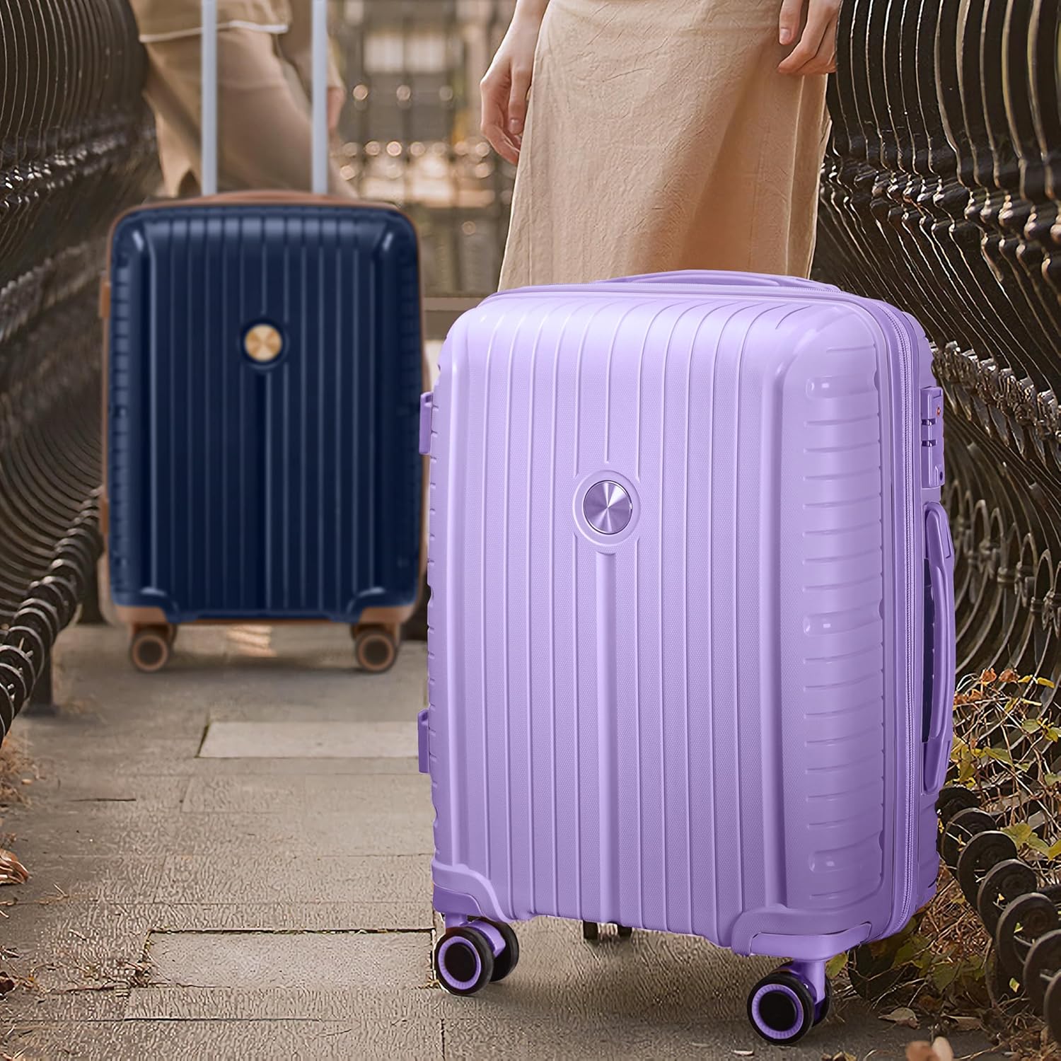 Ensemble de 5 valises de voyage légères à coque rigide en PP avec deux roulettes pivotantes et serrure TSA