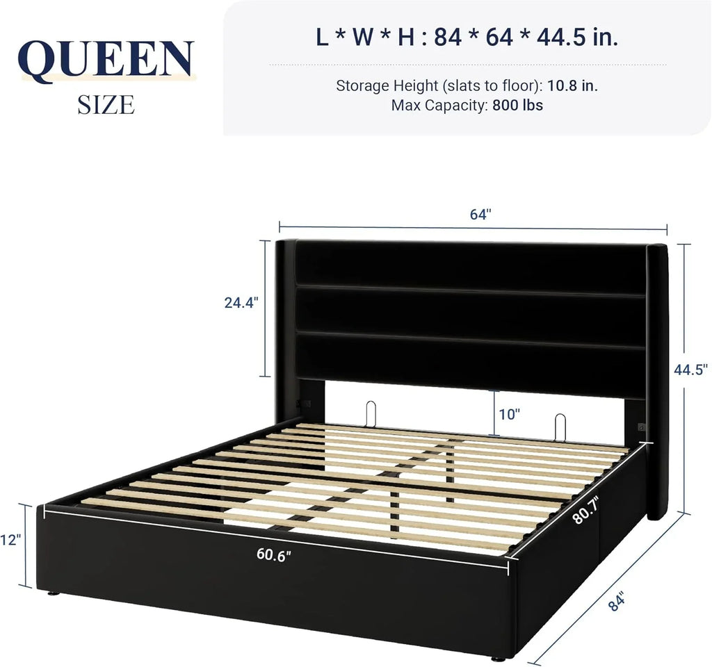 Lit queen-size relevable avec rangement Allewie, tête de lit à oreilles moderne et support hydraulique