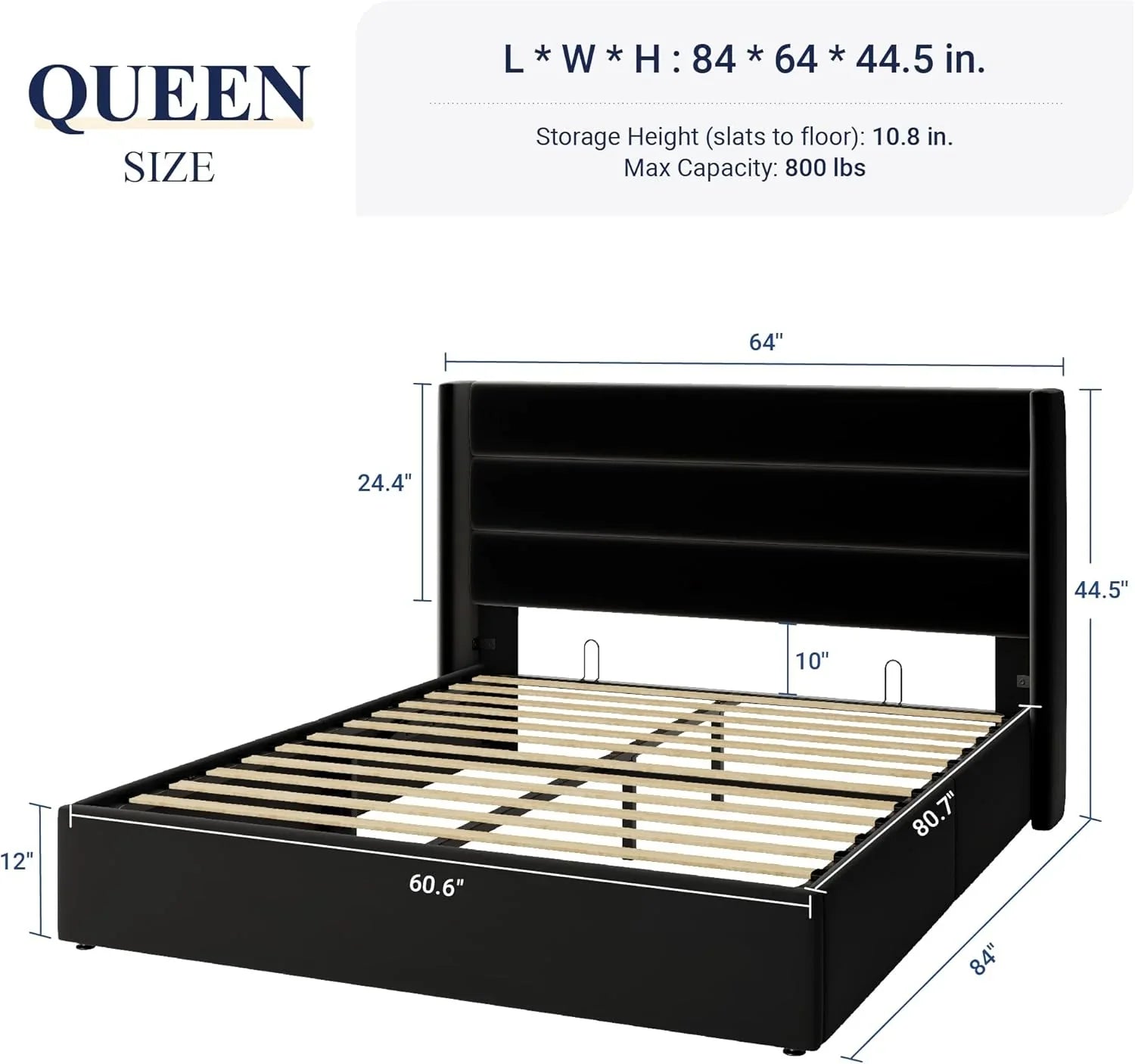 Lit queen-size relevable avec rangement Allewie, tête de lit à oreilles moderne et support hydraulique