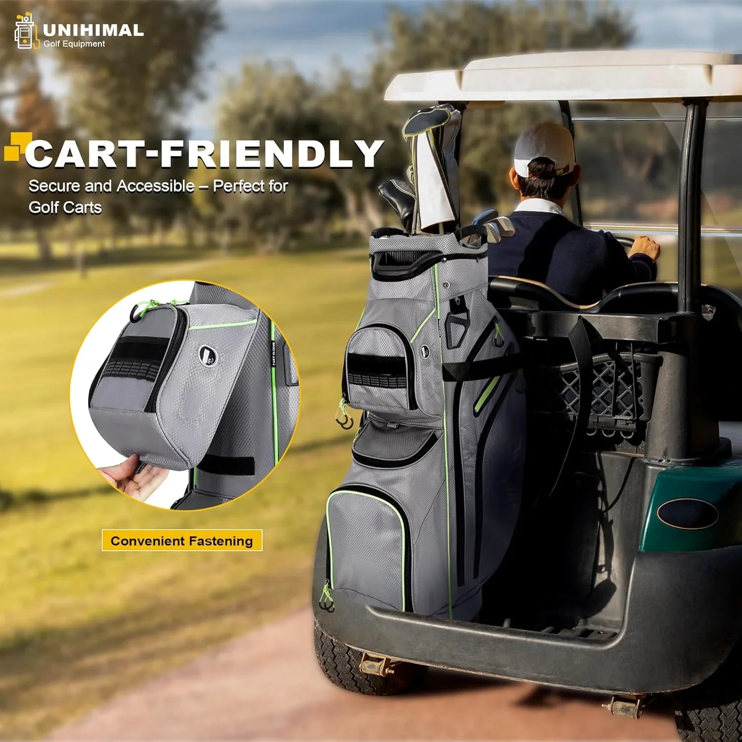 Sac de chariot de golf, organiseur à 15 compartiments, compartiment supérieur avec poignées et housse de pluie