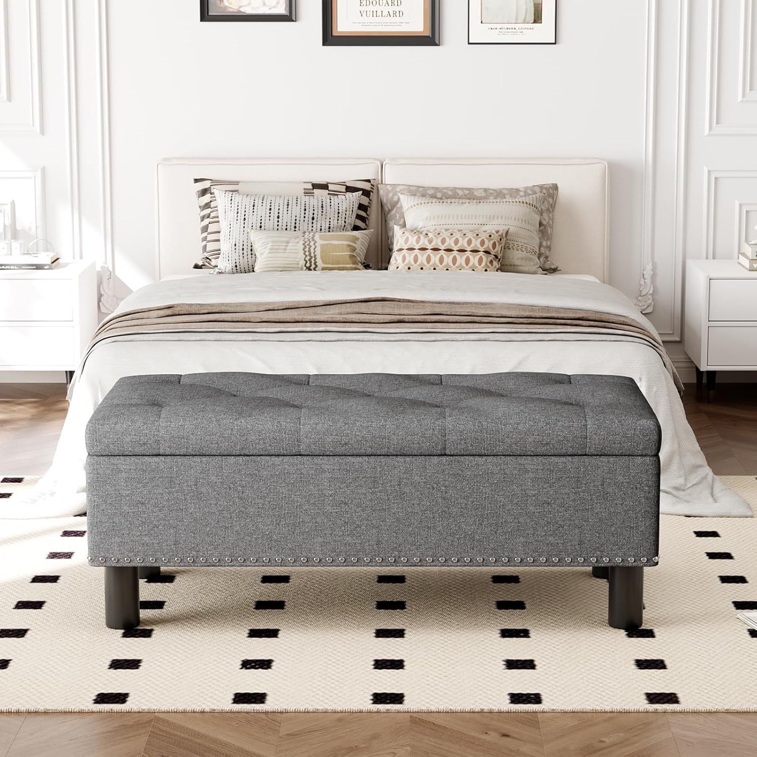 Tabouret de rangement moderne Furniliving, tabouret de bout de lit en bois massif Sherpa, tabouret rembourré tabouret d'intérieur