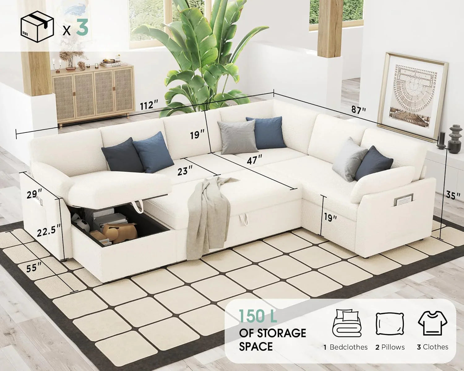 Canapé-lit VanAcc, canapé-lit avec méridienne de rangement - Canapé-lit 2 en 1 pour salon, canapé-lit confortable