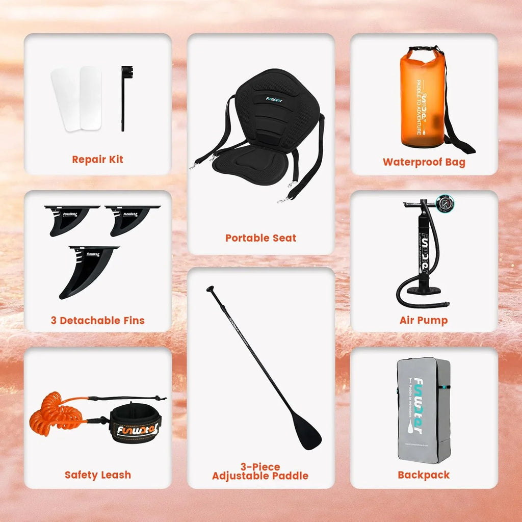 Planche de stand up paddle gonflable FunWater avec accessoires de pagaie SUP haut de gamme, pont EVA antidérapant, pagaie 11'/10'6'