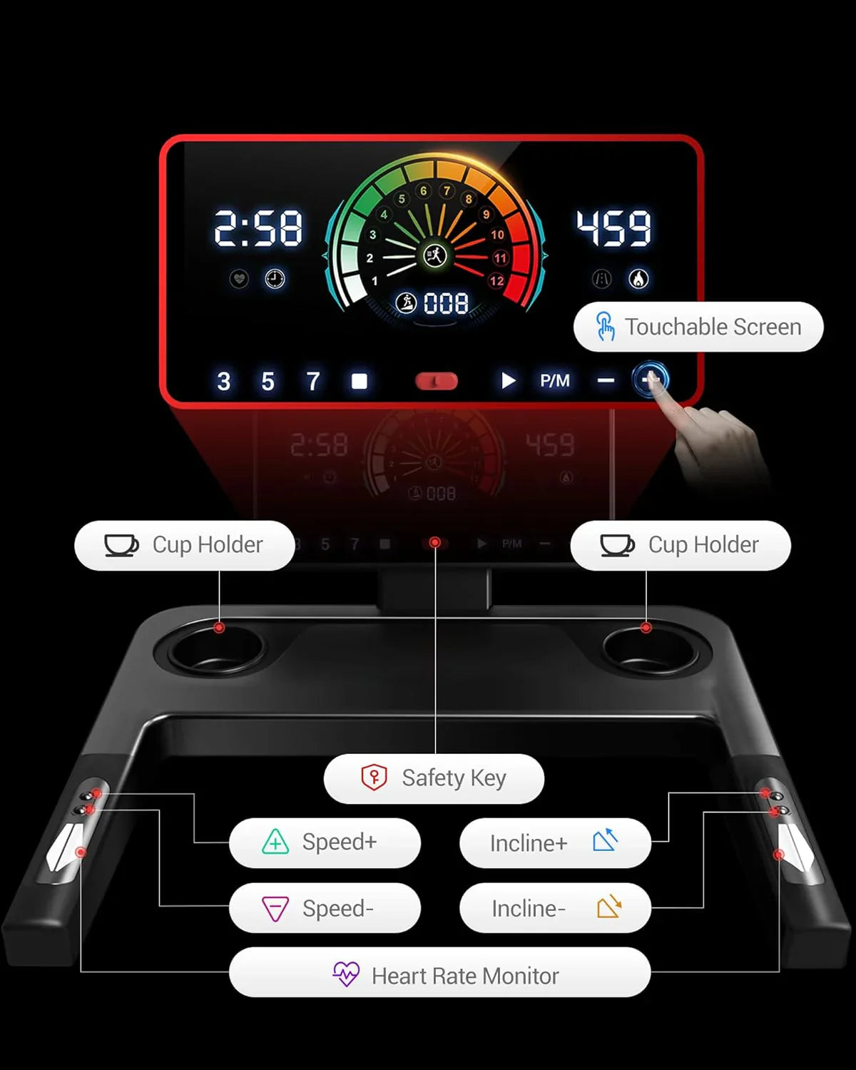 Tapis de course pliable et inclinable UMAY avec capteur de fréquence cardiaque et faible bruit