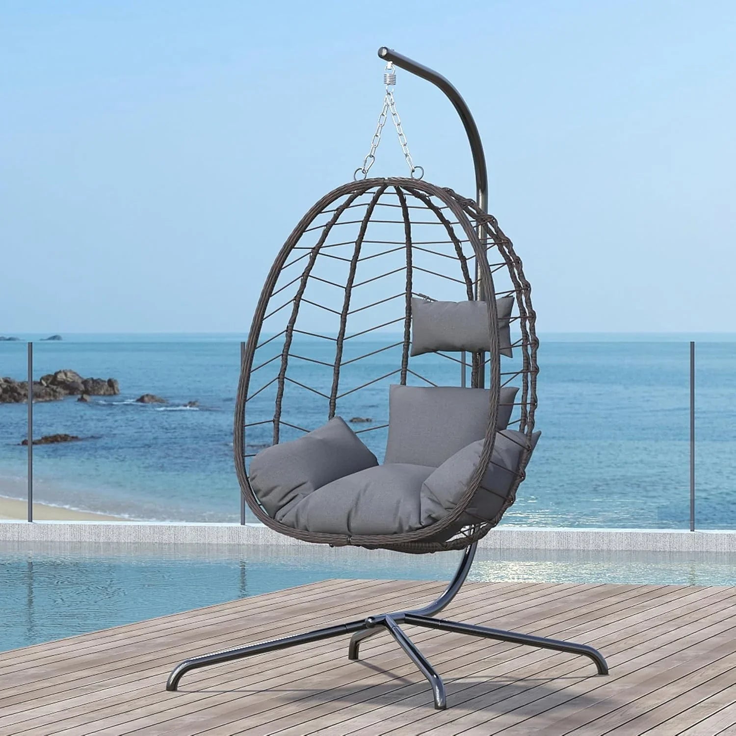 Chaise suspendue en forme d'œuf avec support, chaise pivotante pour extérieur et intérieur, chaise suspendue en osier pour patio