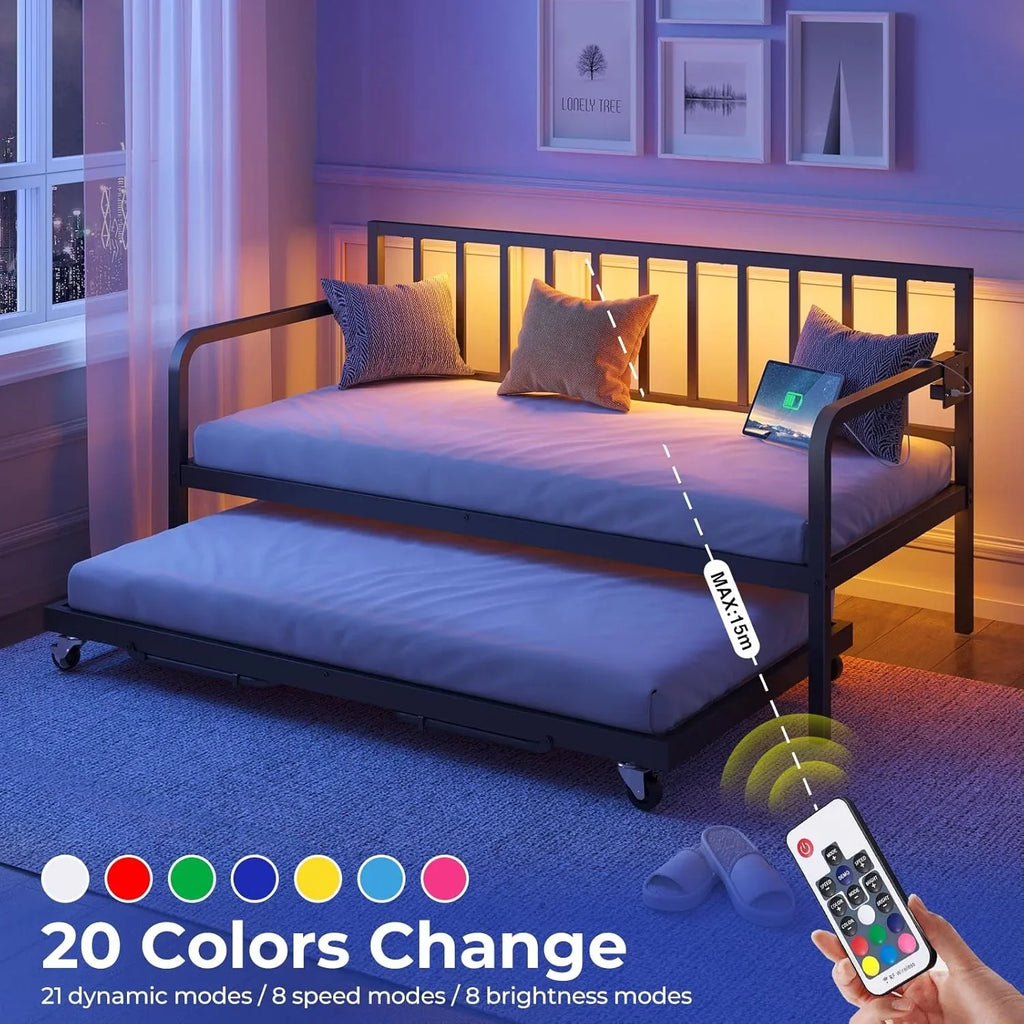 Lit de repos Rolanstar avec station de charge et éclairage LED, lit de repos double réglable en hauteur avec lit gigogne, cadre de canapé-lit en métal avec support à lattes en acier