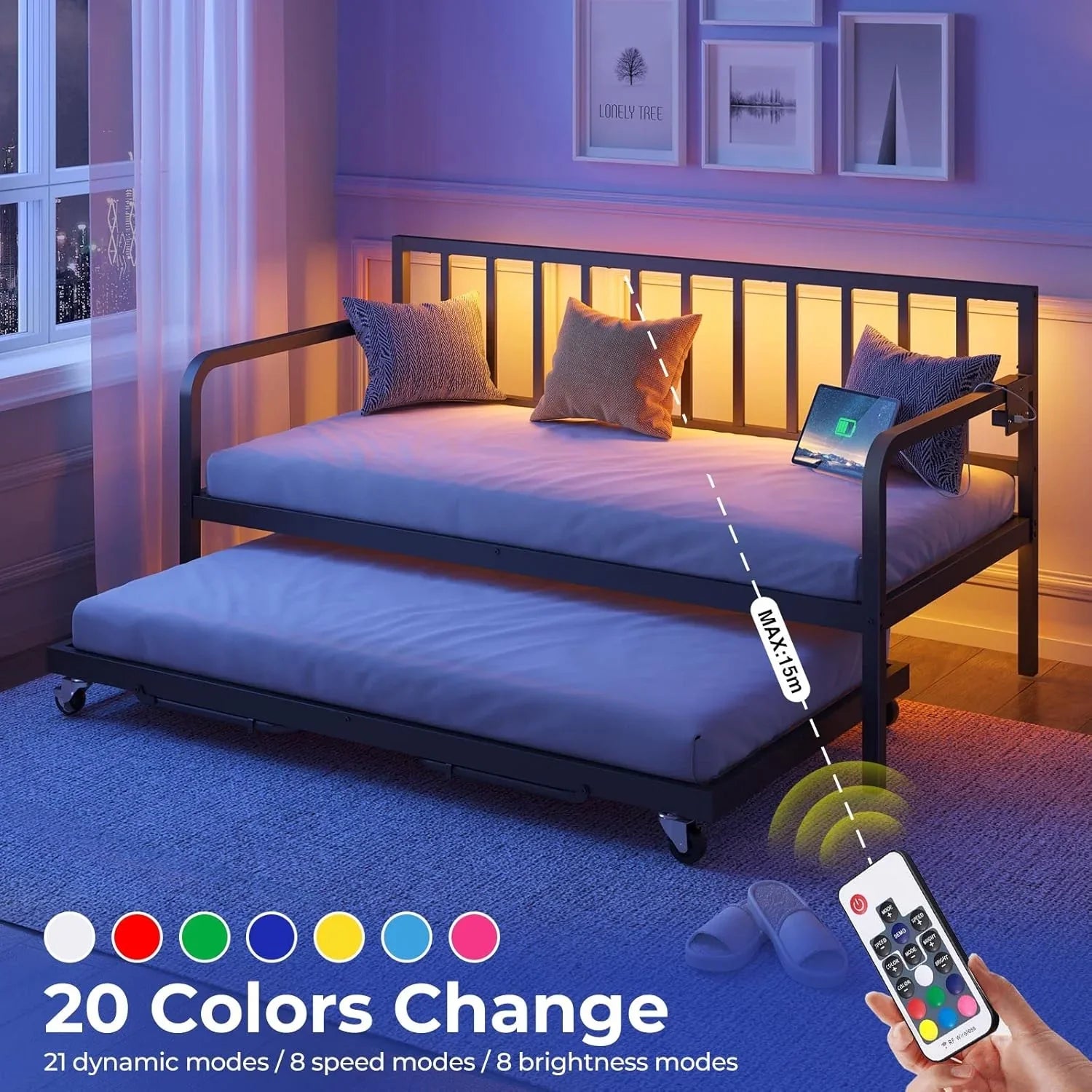 Lit de repos Rolanstar avec station de charge et éclairage LED, lit de repos double réglable en hauteur avec lit gigogne, cadre de canapé-lit en métal avec support à lattes en acier