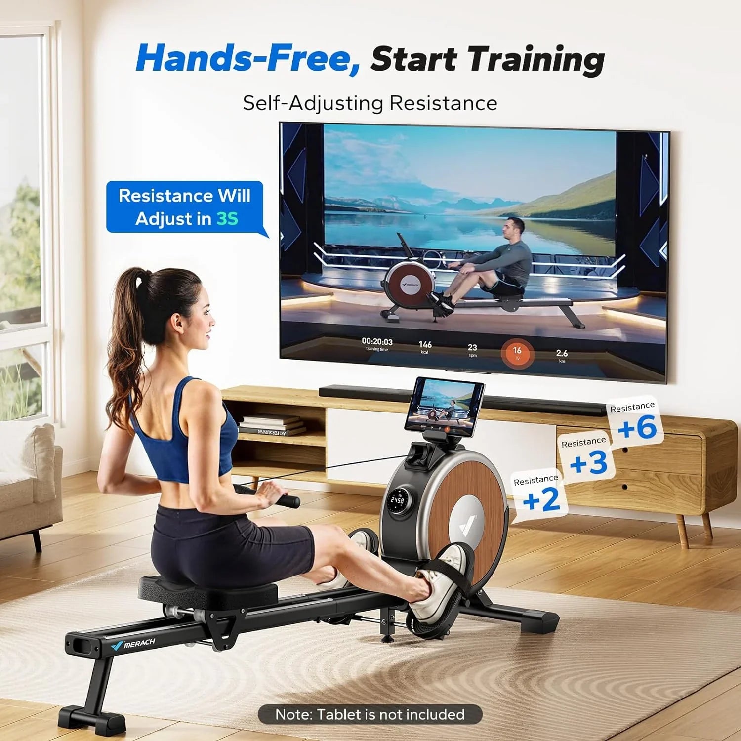 Rameur domestique Merachi à résistance silencieuse et double glissière