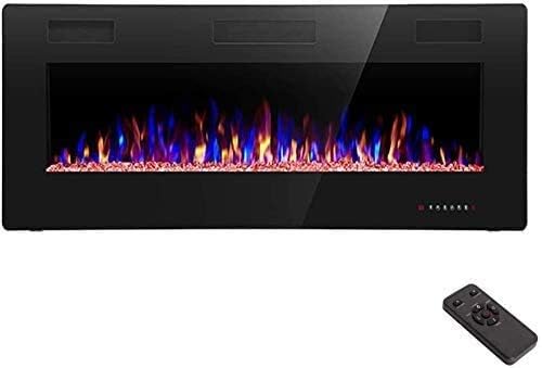 Cheminée électrique encastrée et murale R.W.FLAME 60 po, silencieuse, compatible avec les montants de 2 x 6 po, télécommande avec minuterie, écran tactile, couleur et vitesse de flamme réglables, 750-1500 W