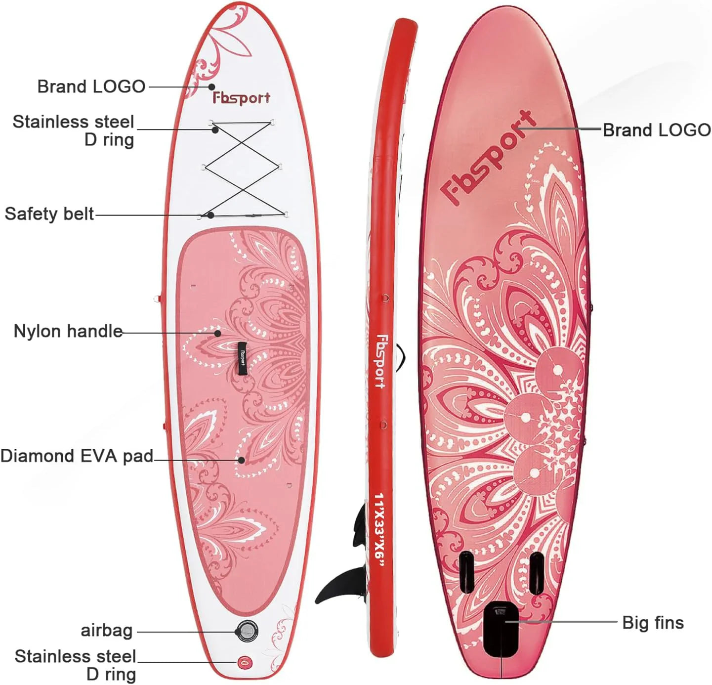 Planche de stand up paddle FBSPORT Premium 11', planche de yoga, contrôle du surf, pont antidérapant, attache, pagaie et pompe