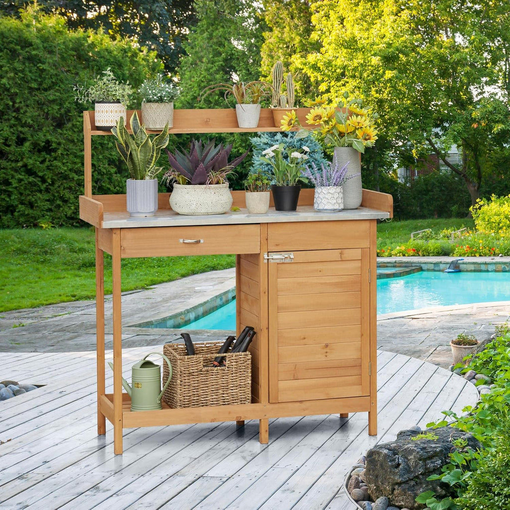 Yaheetech Banc de jardin extérieur avec plateau en métal et tiroir, étagère ouverte, bois naturel