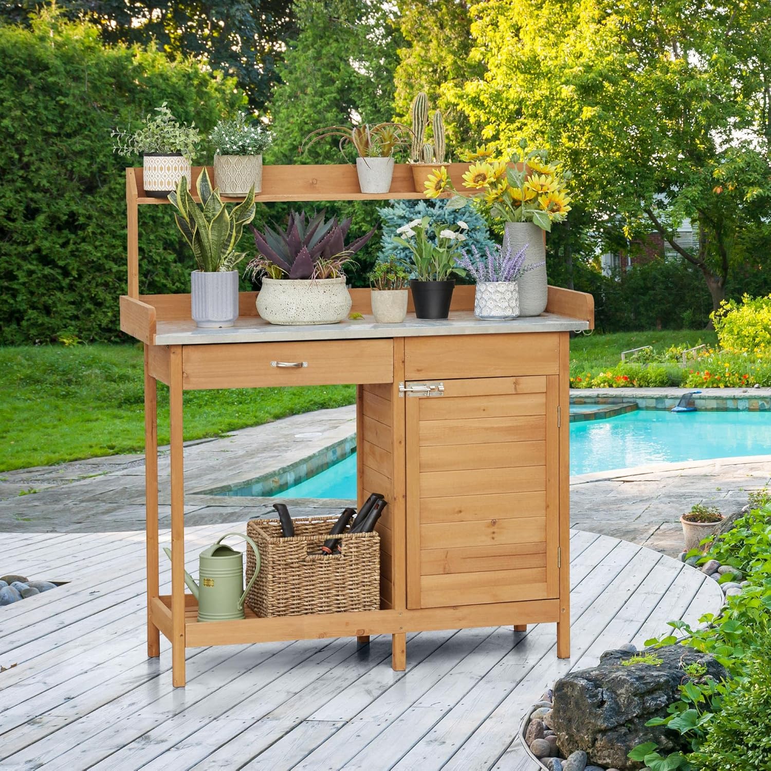 Yaheetech Banc de jardin extérieur avec plateau en métal et tiroir, étagère ouverte, bois naturel
