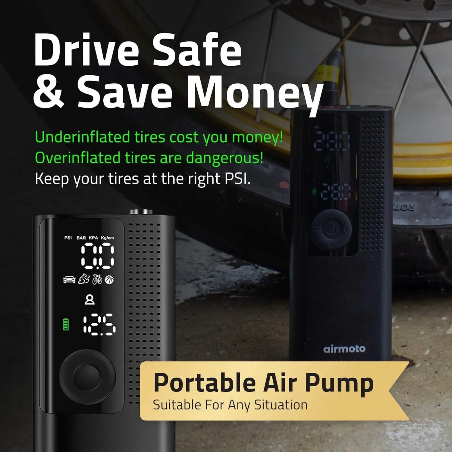 Offre groupée Power Kit - Pack de 2 - Compresseur d'air portable pour pneus avec kit d'alimentation pour recharge à domicile et en déplacement - Pompe à air sans fil pour pneus de voiture, motos et vélos