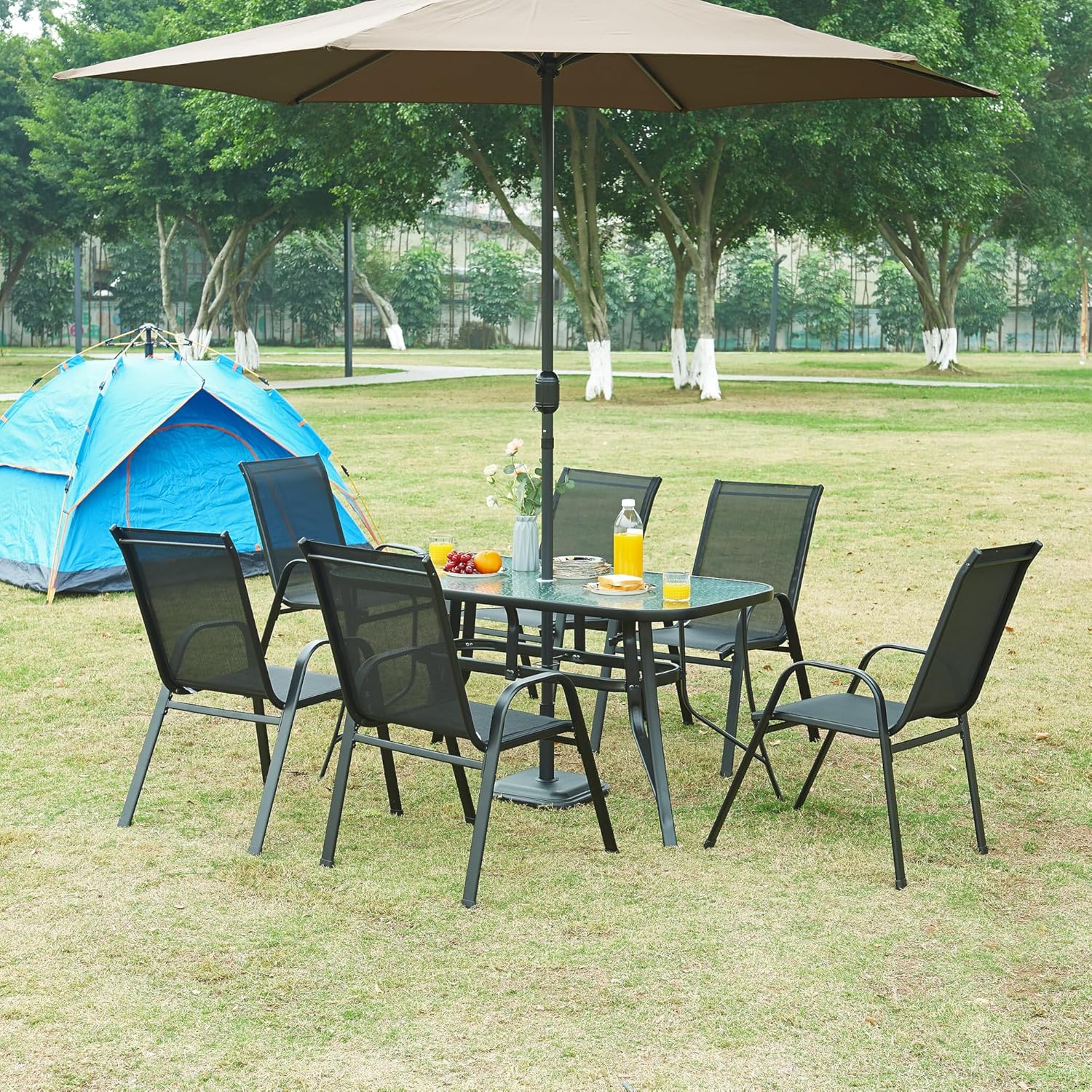 Ensemble de meubles de jardin 7 pièces casa.pro avec table à manger et 6 chaises Ensemble de meubles pour terrasse extérieure Patio Balcon Acier Verre trempé Textilène PVC Polyester