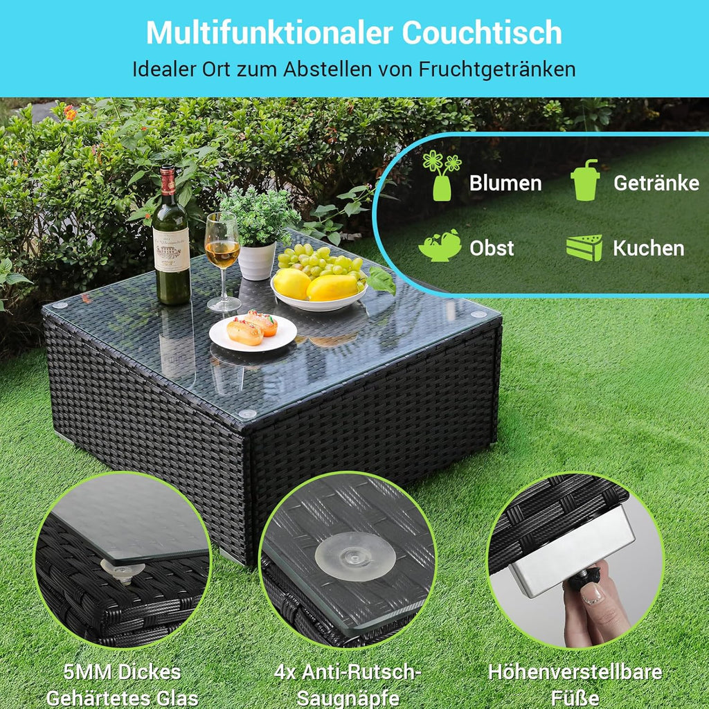 Ensemble de 6 meubles de jardin en rotin synthétique, canapés modulables pour 7 personnes, salon de jardin résistant aux intempéries avec 2 canapés d'angle, 2 fauteuils, 1 table basse avec plateau en verre