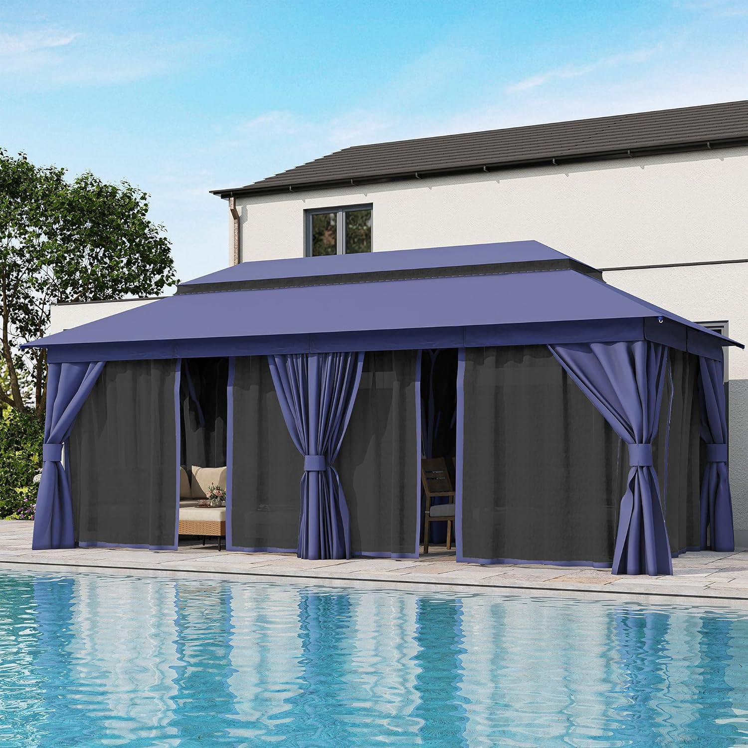 Tente pavillon d'extérieur améliorée à double toit, auvent imperméable UV50+ avec filet et crochets