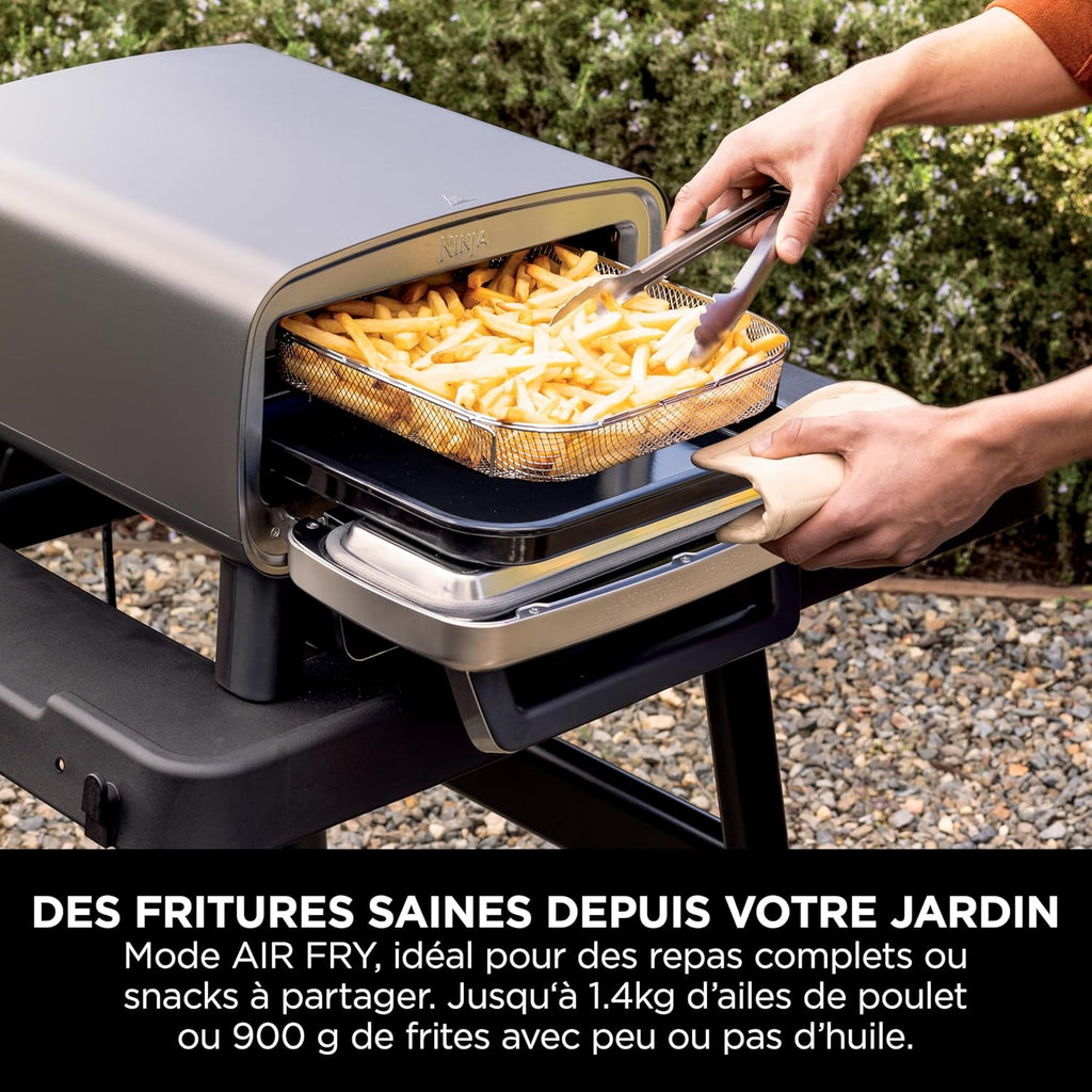 Ninja Artisan Four à pizza et friteuse sans huile électrique d’extérieur, avec 4 modes : Pizza, Frire sans huile, Cuire au four, Faire lever, Avec pierre, pelle, plateau, panier Crousti, Gris MO201EU