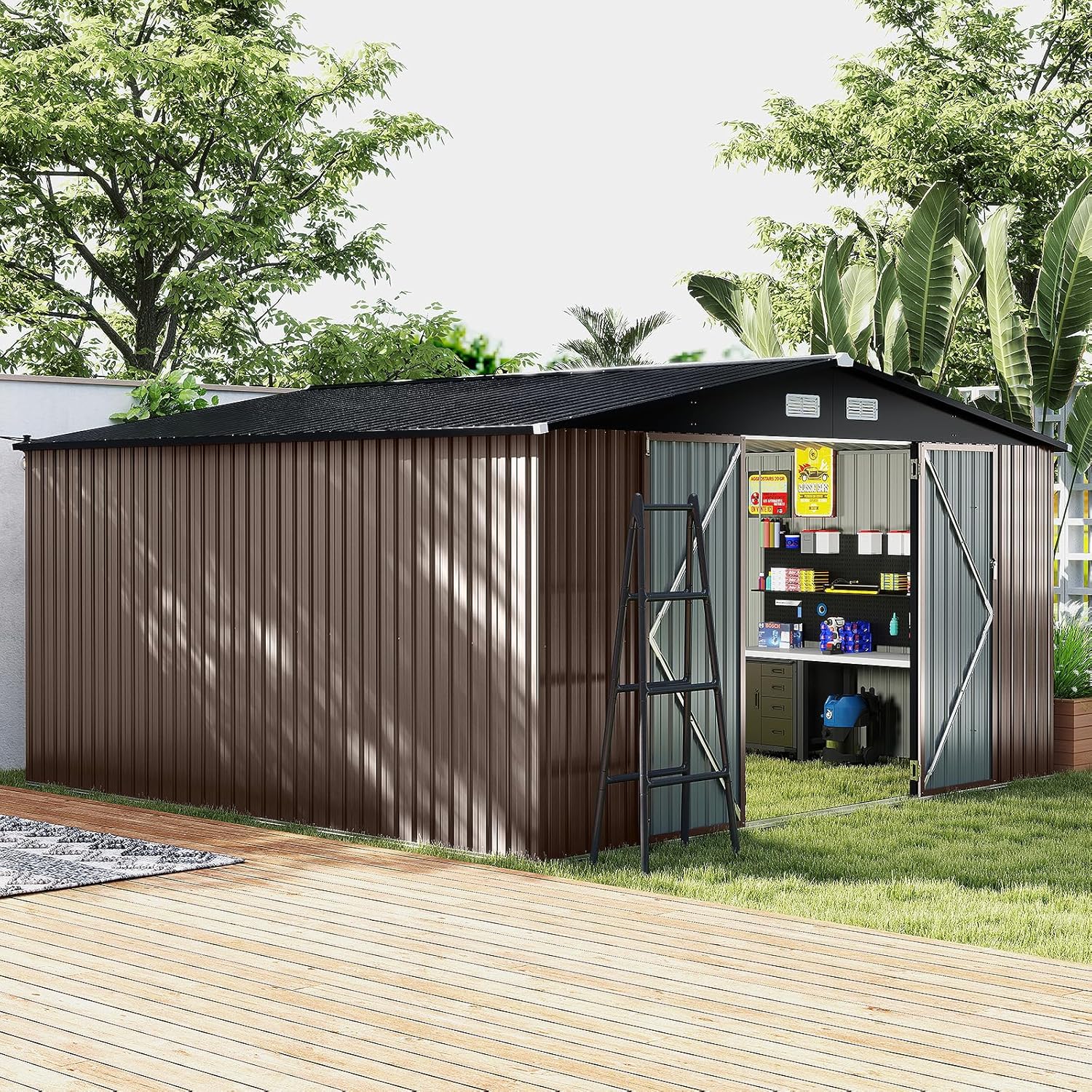 Abri de jardin en métal Costway, 7,8 m², toit à double pente, porte double verrouillable avec clé, 4 aérations, abri de jardin extérieur pour vélo, poubelle, outils, anthracite (7,8 m²)