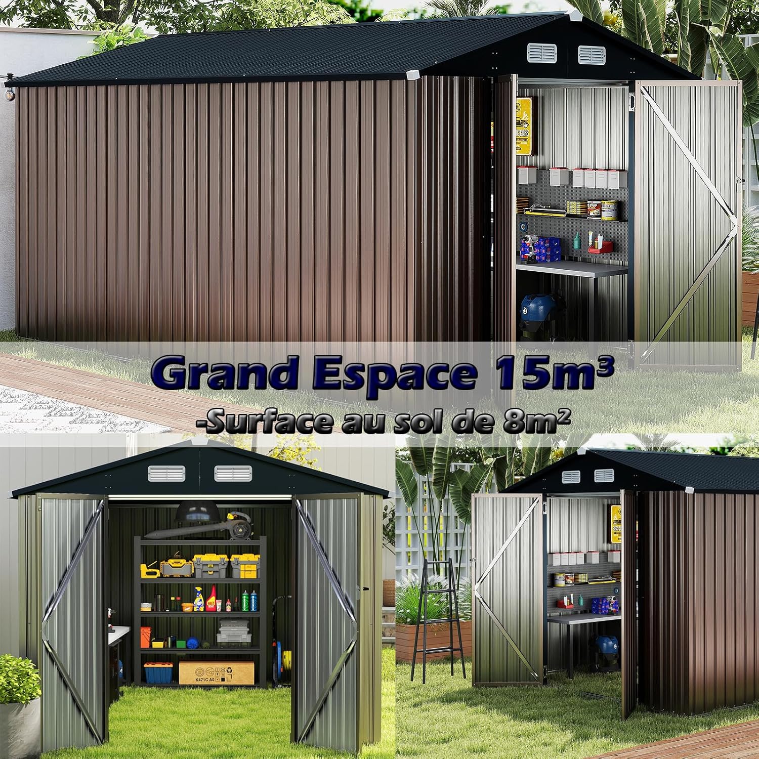 RELAX4LIFE Abri de Jardin en Métal 350x223x197cm, Cabane de Stockage 15m3 8m2 avec 2 Portes, Toit Incliné, Fenêtre de Ventilation pour Vélo Tondeuse, Organisateur Extérieur pour Jardin Patio (15m³)
