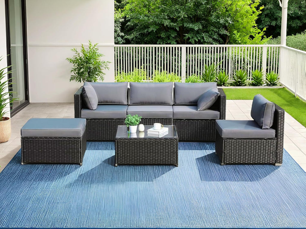 Ensemble de 6 meubles de jardin en rotin synthétique, canapés modulables pour 7 personnes, salon de jardin résistant aux intempéries avec 2 canapés d'angle, 2 fauteuils, 1 table basse avec plateau en verre