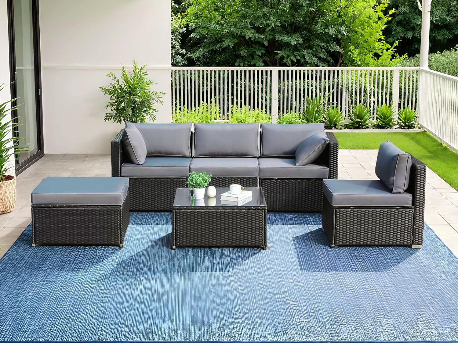 Ensemble de 6 meubles de jardin en rotin synthétique, canapés modulables pour 7 personnes, salon de jardin résistant aux intempéries avec 2 canapés d'angle, 2 fauteuils, 1 table basse avec plateau en verre