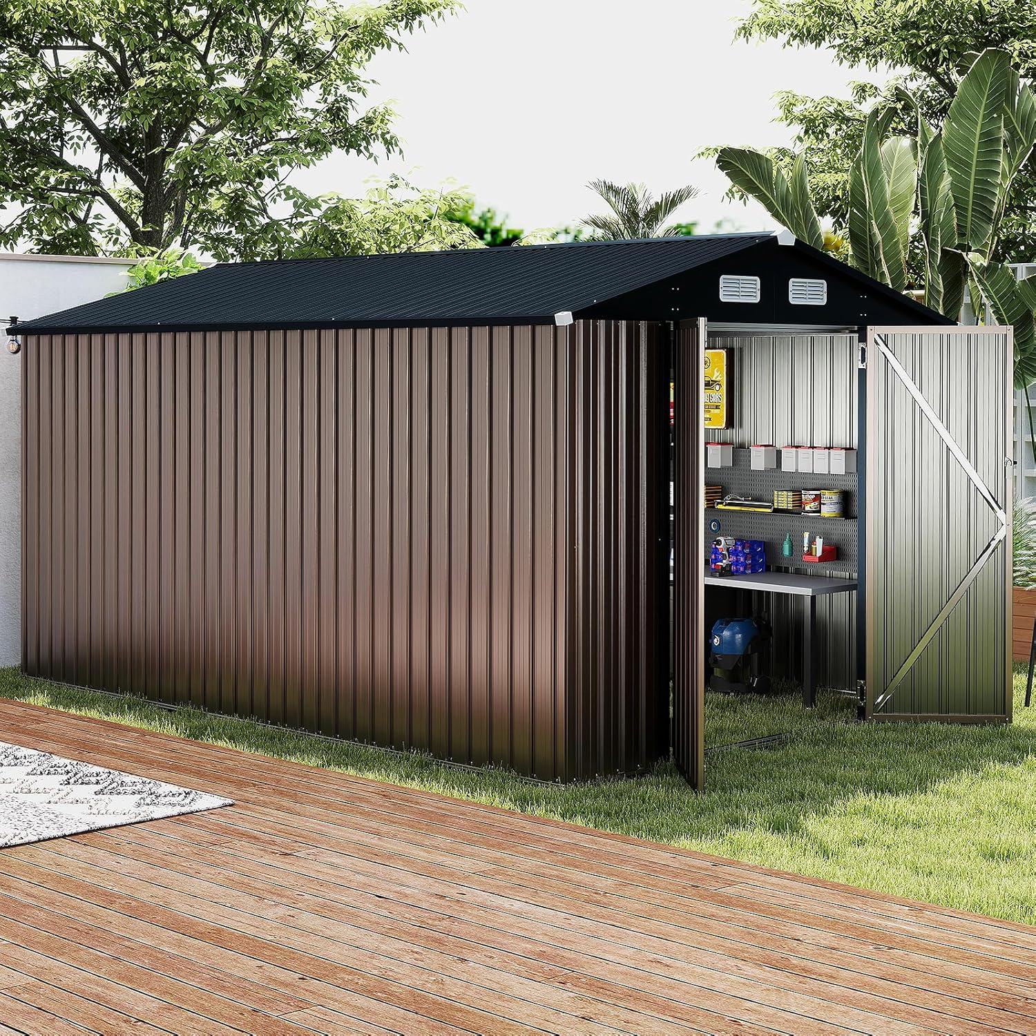 Abri de jardin en métal Costway, 7,8 m², toit à double pente, porte double verrouillable avec clé, 4 aérations, abri de jardin extérieur pour vélo, poubelle, outils, anthracite (7,8 m²)