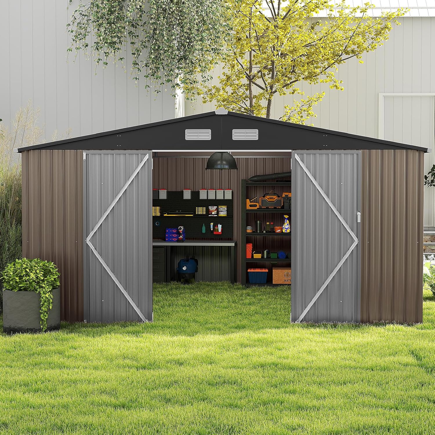 Abri de jardin en métal Costway, 7,8 m², toit à double pente, porte double verrouillable avec clé, 4 aérations, abri de jardin extérieur pour vélo, poubelle, outils, anthracite (7,8 m²)