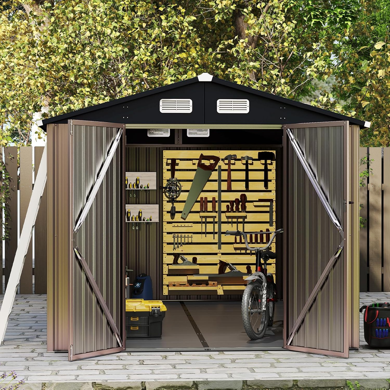 Abri de jardin en métal Costway, 7,8 m², toit à double pente, porte double verrouillable avec clé, 4 aérations, abri de jardin extérieur pour vélo, poubelle, outils, anthracite (7,8 m²)