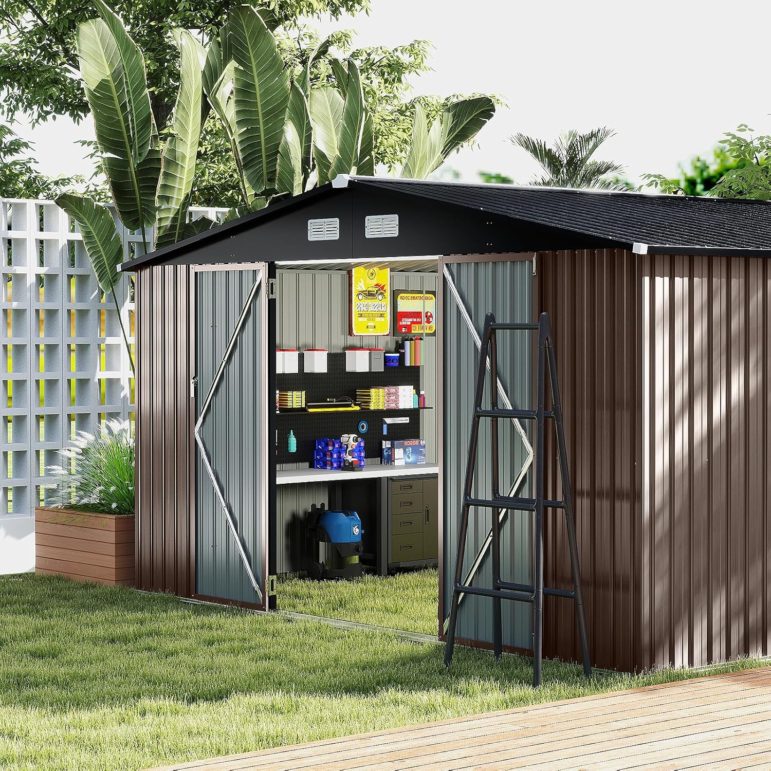 Abri de jardin en métal Costway, 7,8 m², toit à double pente, porte double verrouillable avec clé, 4 aérations, abri de jardin extérieur pour vélo, poubelle, outils, anthracite (7,8 m²)