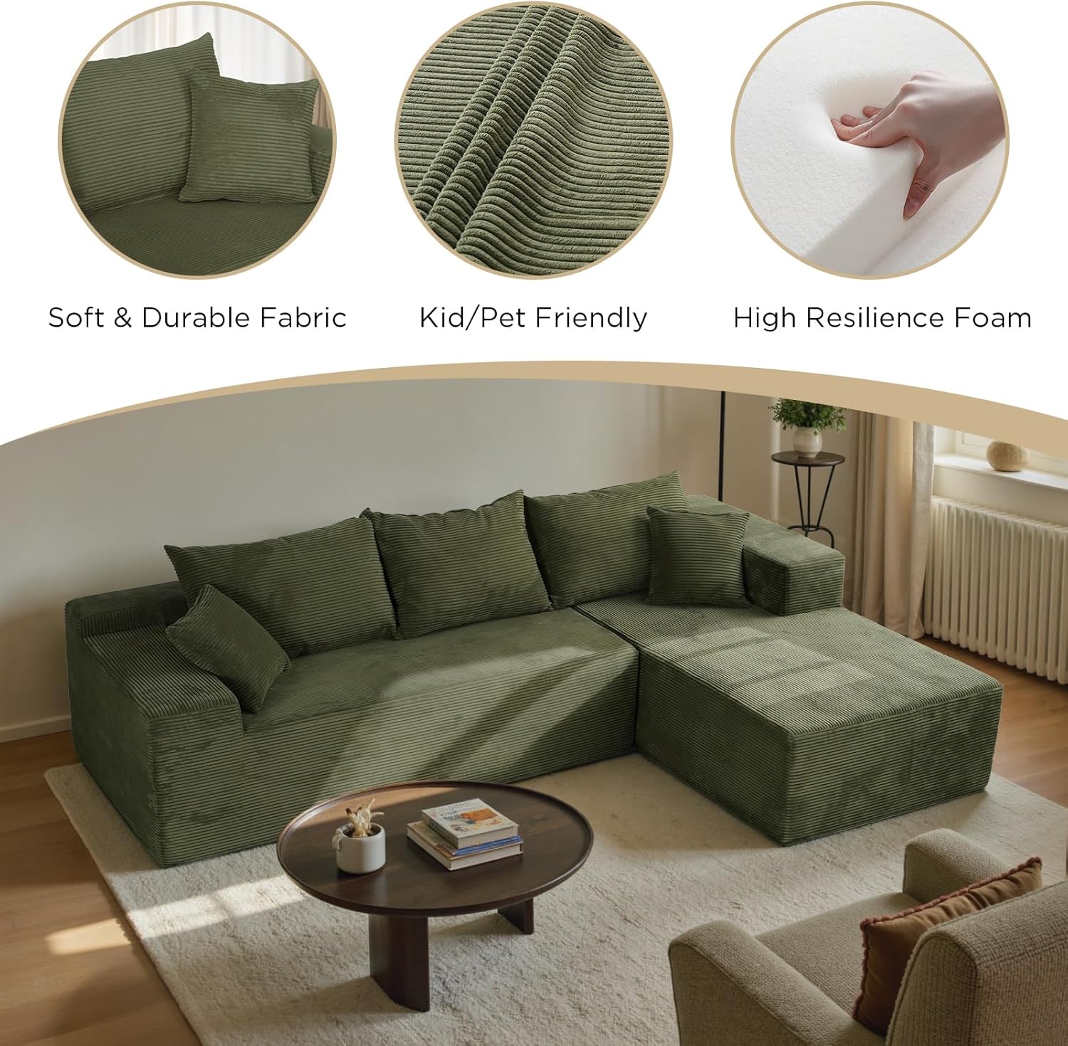 Cloud sofa with L-shaped lounge chair, modern modular sofa with deep seats