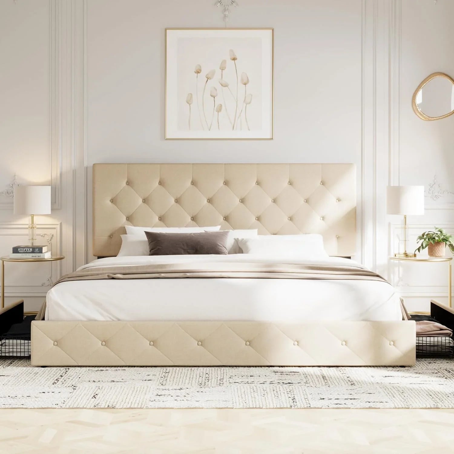 Cadre de lit plateforme Allewie rembourré Queen Size avec 4 tiroirs de rangement et tête de lit, capitonné à boutons à coutures carrées, sommier à lattes en bois, pas besoin de sommier.