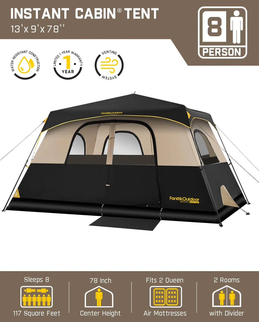 Tente de camping portable pour 4/6/8/10 personnes avec cabine instantanée et résistante à la pluie et au vent